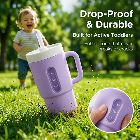 DeeCoo Silicone Sippy Cups for Toddlers 1-5 – 7oz Spill-Proof Straw Cup with Handle, BPA-Free Leak-Proof Tumbler, My First Drinking Cup for Baby, Ideal Birthday Gift for 1 Year Old Girls, 2-Pack