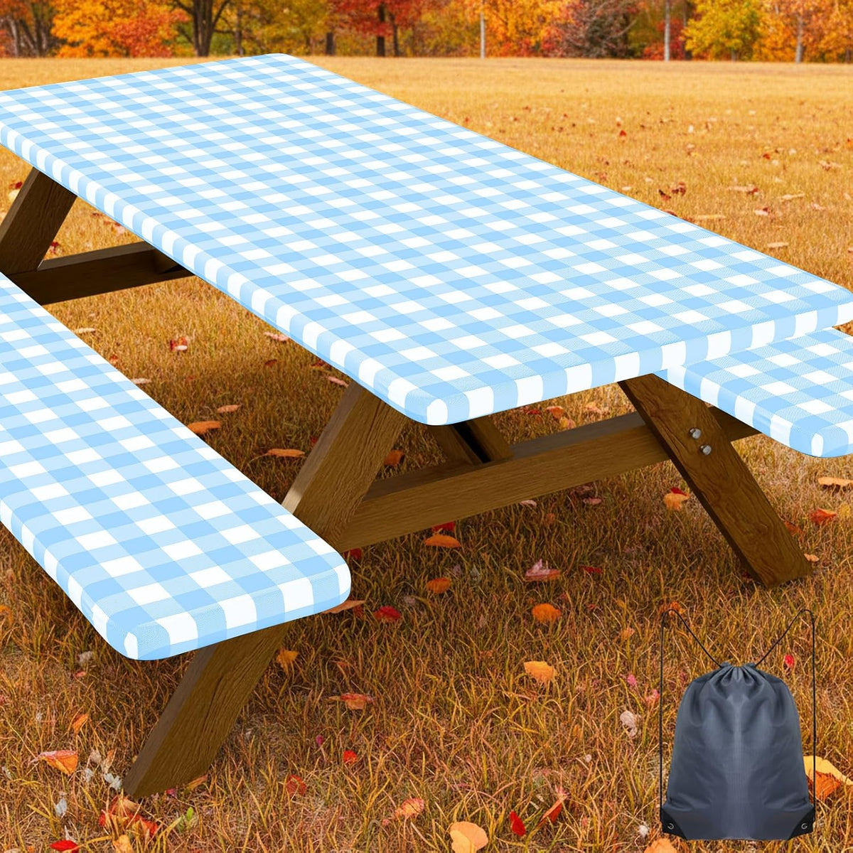 Smiry 8FT Picnic Table Cover with Bench Covers, Elastic Fitted Tablecloth