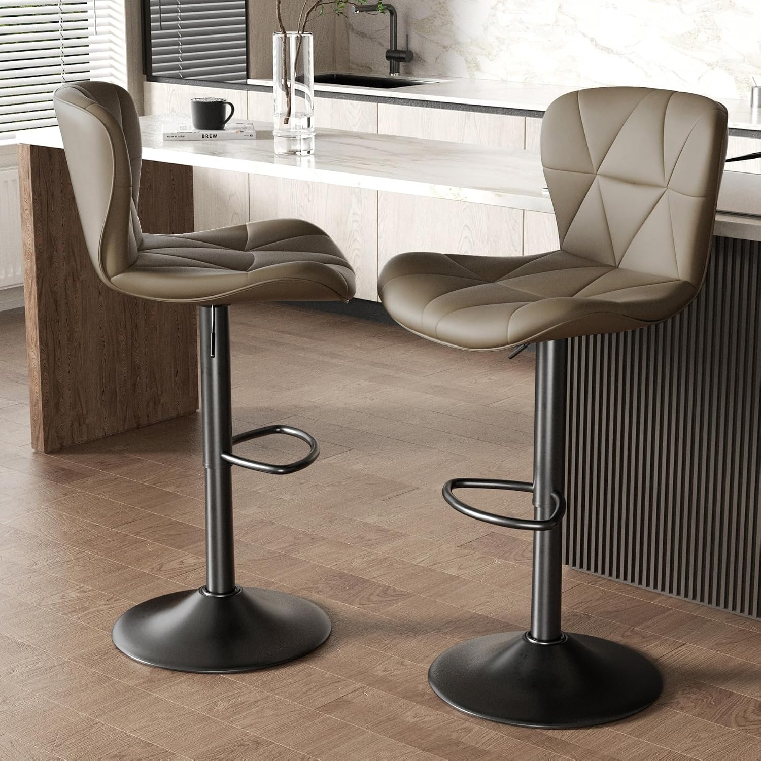 Nalupatio Modern Bar Stools Set of 3, Adjustable Faux Leather Upholstered Swivel Bar Stools, Counter Height Bar Chairs with Back for Kitchen Island, Dark Khaki