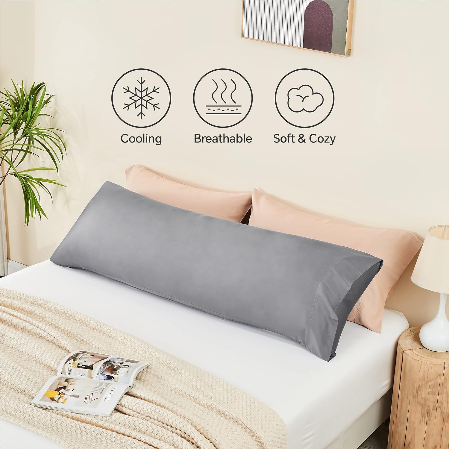 BEDELITE Body Pillow Pillowcase, Rayon from Bamboo, Silver Grey, 20"x54"