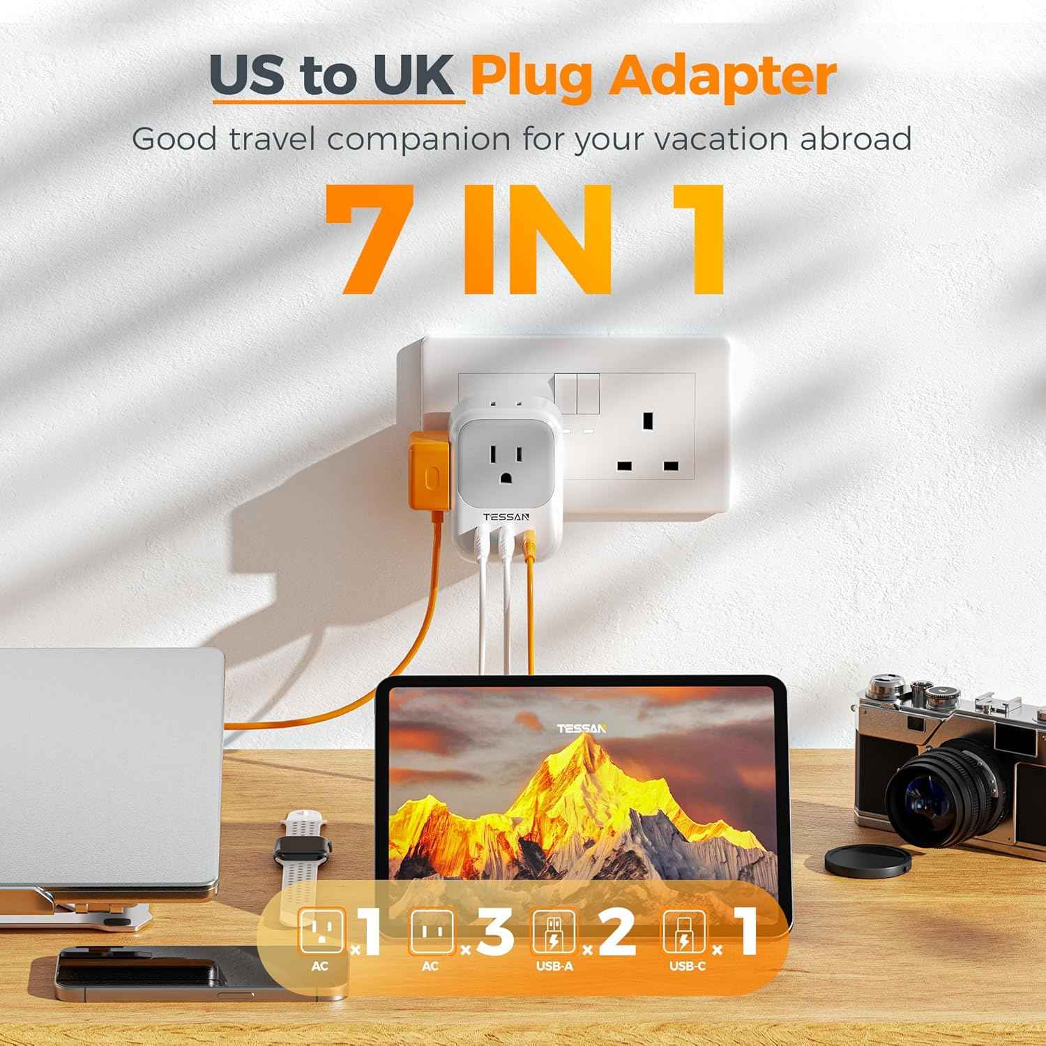 TESSAN UK Adapters for Travel, US to UK Ireland Plug Adapter 20W, Foldable