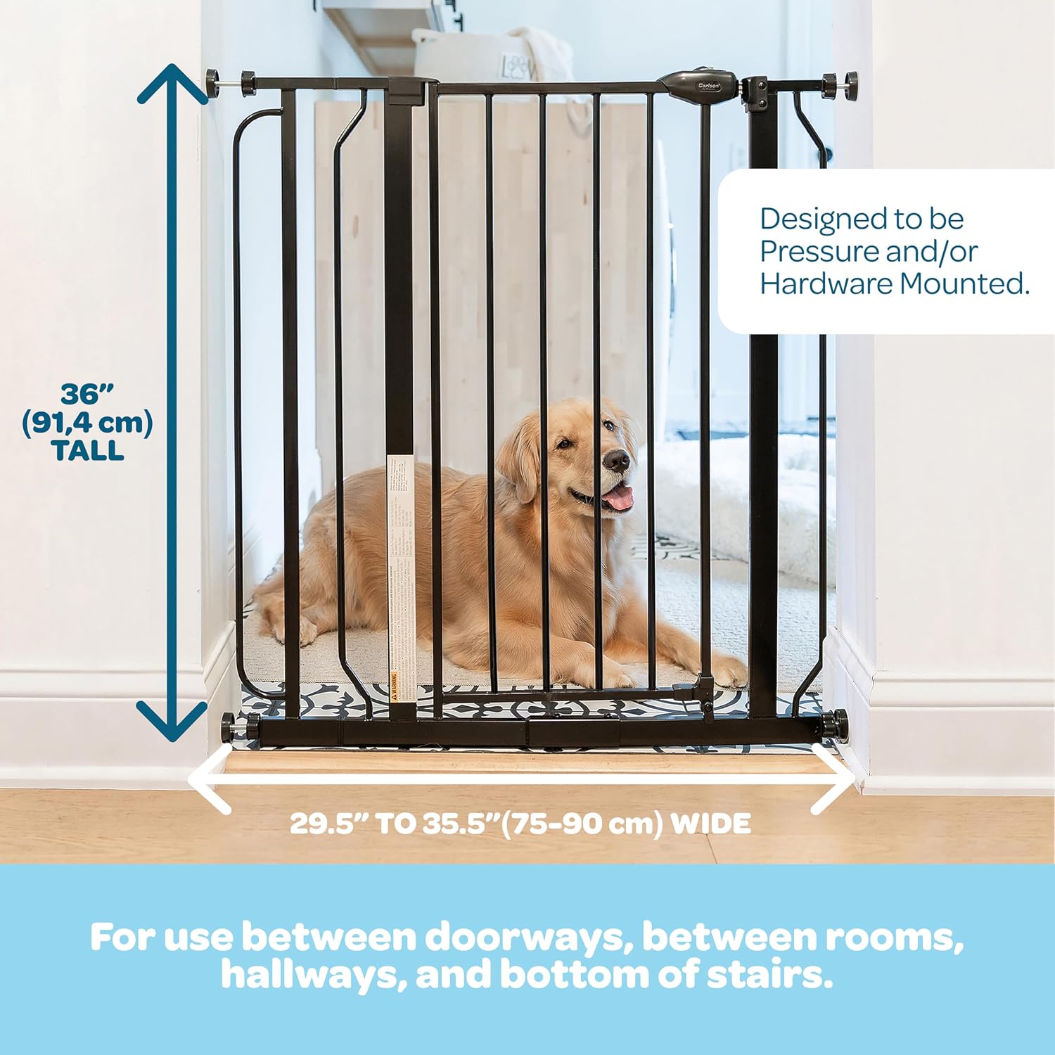 Carlson 36" Extra Tall Walk Through Dog Gate for Doorways & Bottom of Stairs, Metal Pet Gate with Small Pet Door, Expands 29”–36.5”, Black