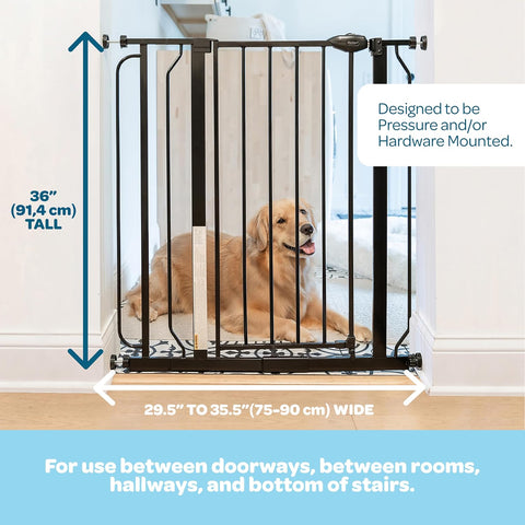 Carlson 36" Extra Tall Walk Through Dog Gate for Doorways & Bottom of Stairs, Metal Pet Gate with Small Pet Door, Expands 29”–36.5”, Black