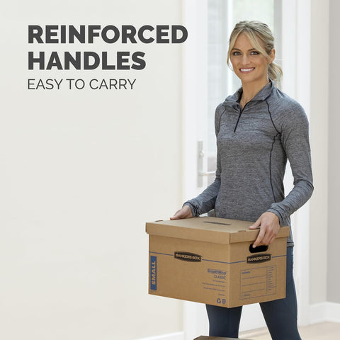 Bankers Box Classic Moving Box 12 Pack Kit, Reinforced Handles, Tape-Free Assembly, Box with Lid, 8 Small and 4 Medium Boxes (7716401) | Take the guesswork out of moving with a mixed box kit built for small, medium, and large household items.