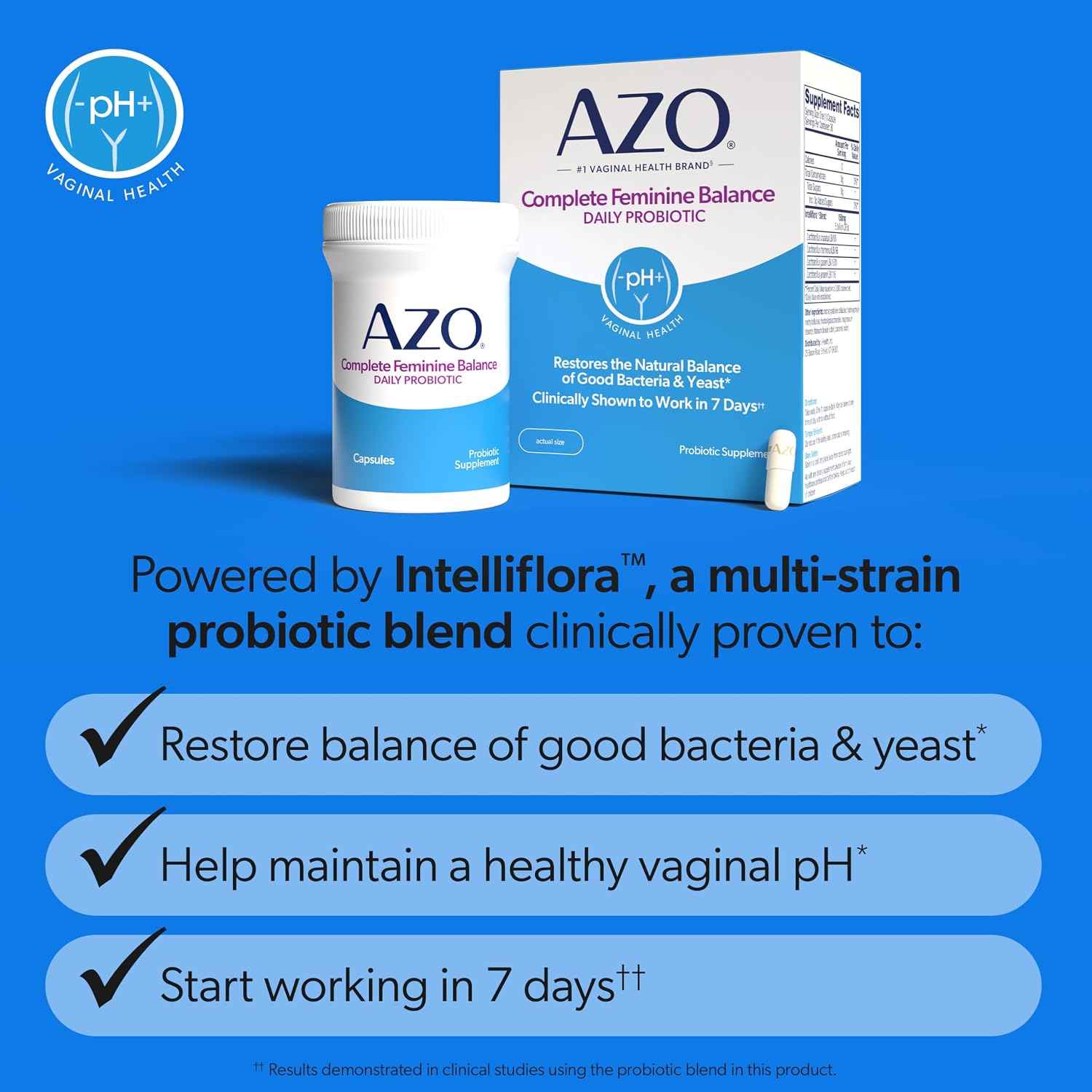 AZO Complete Feminine Balance Daily Vaginal Probiotics for Women, 60 Count | Intelliflora Multi-Strain Blend, Supports Vaginal pH and Yeast Balance*, One Capsule Daily, Sugar Free, Safe During Pregnancy