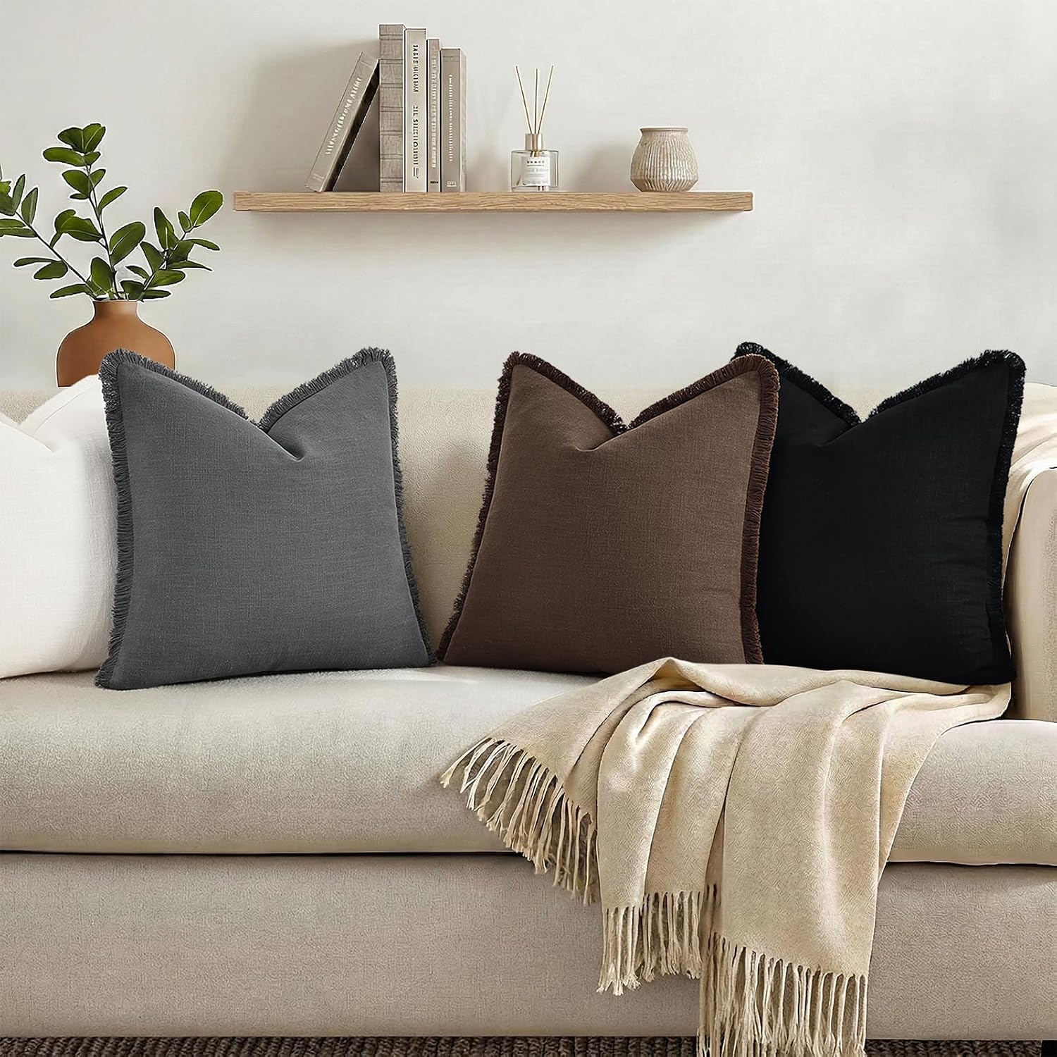 decorUhome Linen Fringe Black Throw Pillow Covers 16x16 Set of 2