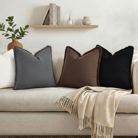 decorUhome Linen Fringe Black Throw Pillow Covers 16x16 Set of 2