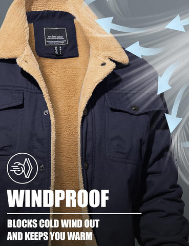 MAGNIVIT Men's Cotton Cargo Jacket Winter Sherpa Fleece Lined Work Jacket Coats with 5 Pockets
