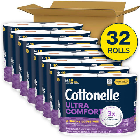 Cottonelle Ultra Comfort Toilet Paper with Cushiony CleaningRipples Texture, 32 Family Mega Rolls (32 Family Mega Rolls = 144 Regular Rolls) (8 Packs of 4), 296 Sheets per Roll