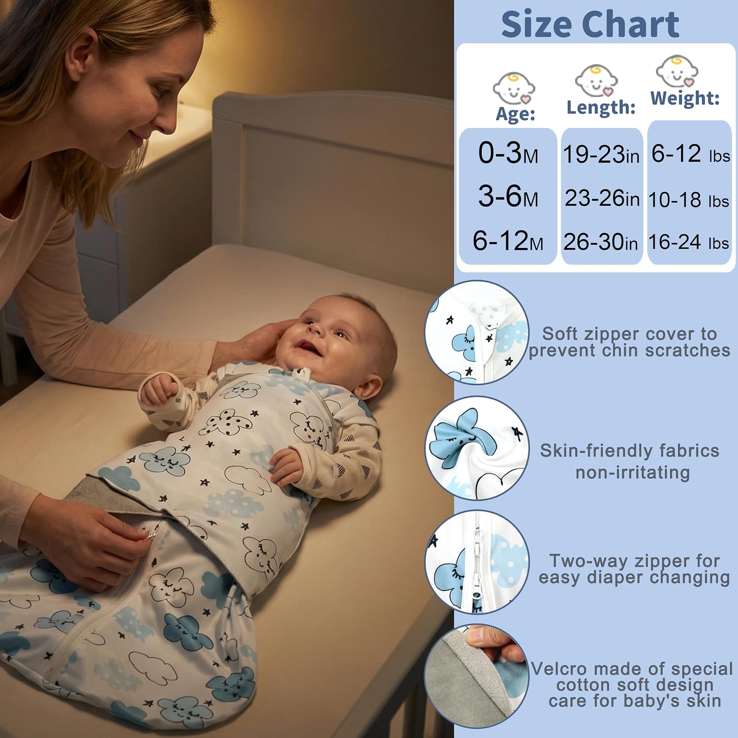 GUNTAIL Newborn Sleep Sack Baby Swaddle,3-Way Adjustable Wearable Blanket,100% Rayon Cotton Swaddling sleeping bag (Clouds & Moon, 0-3 Months)