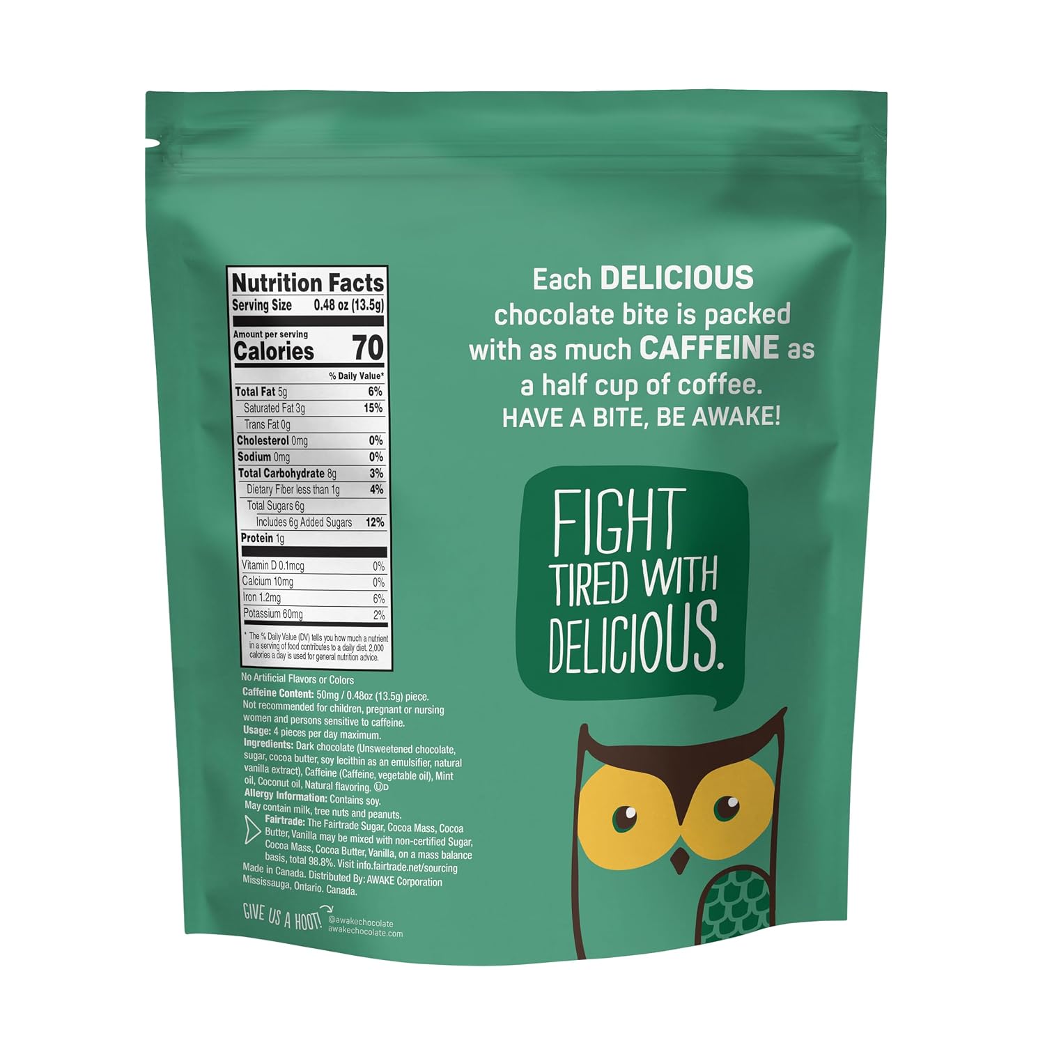 AWAKE - Caffeinated Chocolate Bites - Mint Dark Chocolate, 50 pieces - 50mg Caffeine - Individually Wrapped Energy Bites - Coffee Alternative - Fairtrade, Gluten Free, Non GMO - 0.48oz