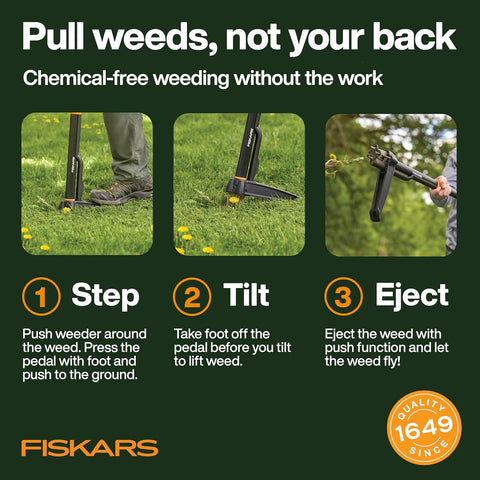 Fiskars Deluxe Stand-Up Weed Puller Tool, 4 Serrated Stainless Steel Claws