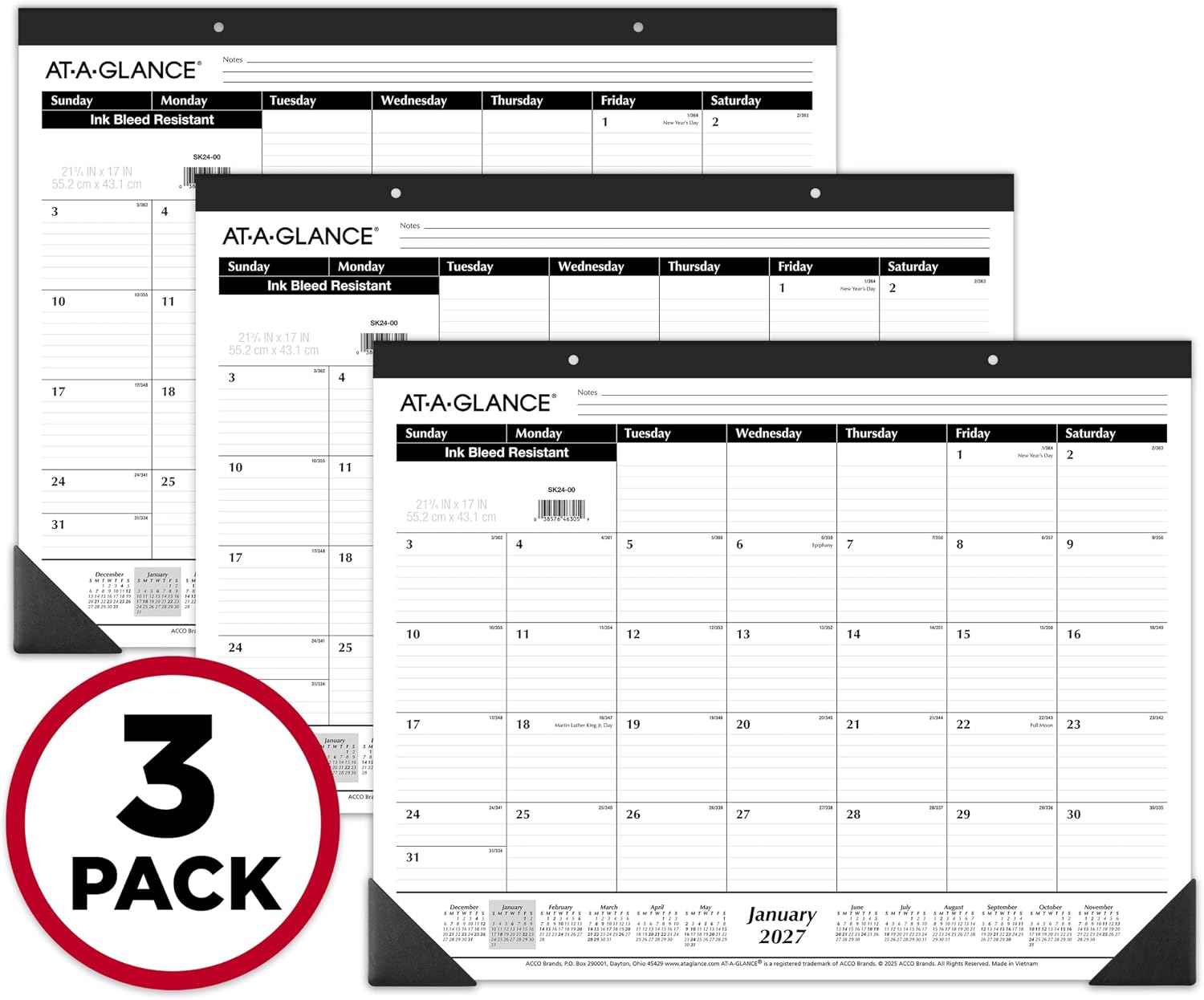 AT-A-GLANCE 2027 Desk Pad Calendar, Monthly Desk Wall Planner, 21.75" x 17", Ruled Blocks, 3 Pack (AZSK240027), White