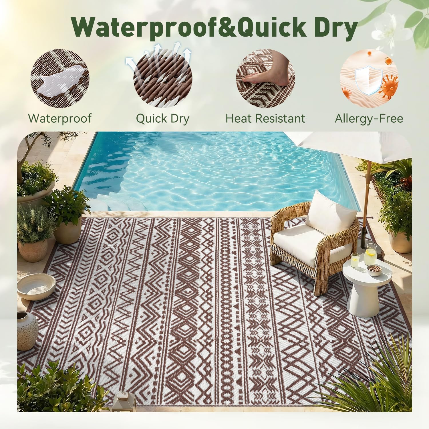 MontVoo Outdoor Rug Carpet Waterproof 5x8 Outdoor Patio Rug Mat Reverisble Plastic Straw Outdoor Rug for RV Camping Picnic Beach Balcony Boho Beige Brown