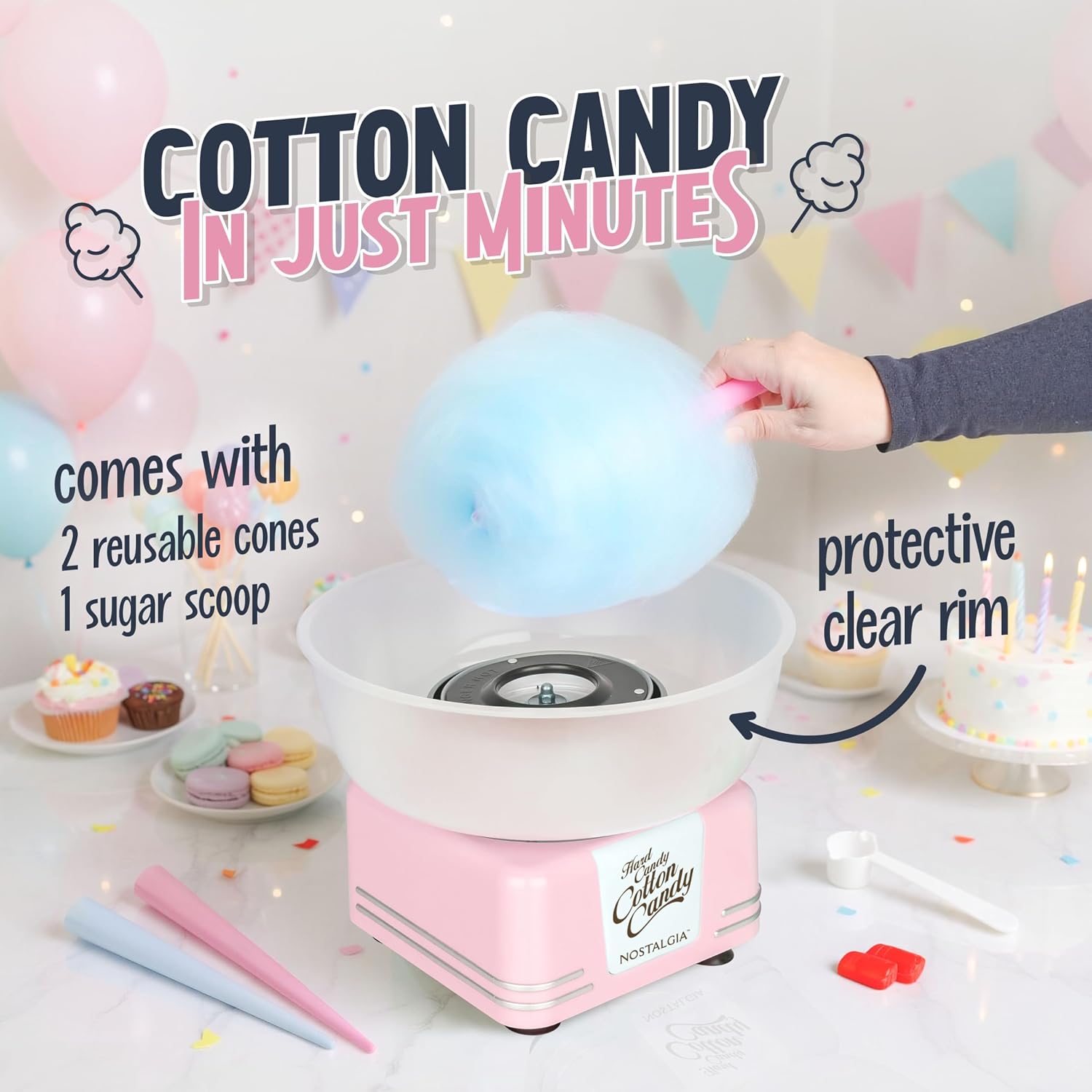 Nostalgia Countertop Cotton Candy Machine – Use Normal or Sugar-Free Candy or Flossing Sugar – Includes 2 Reusable Cones and Measuring Scoop – Pink