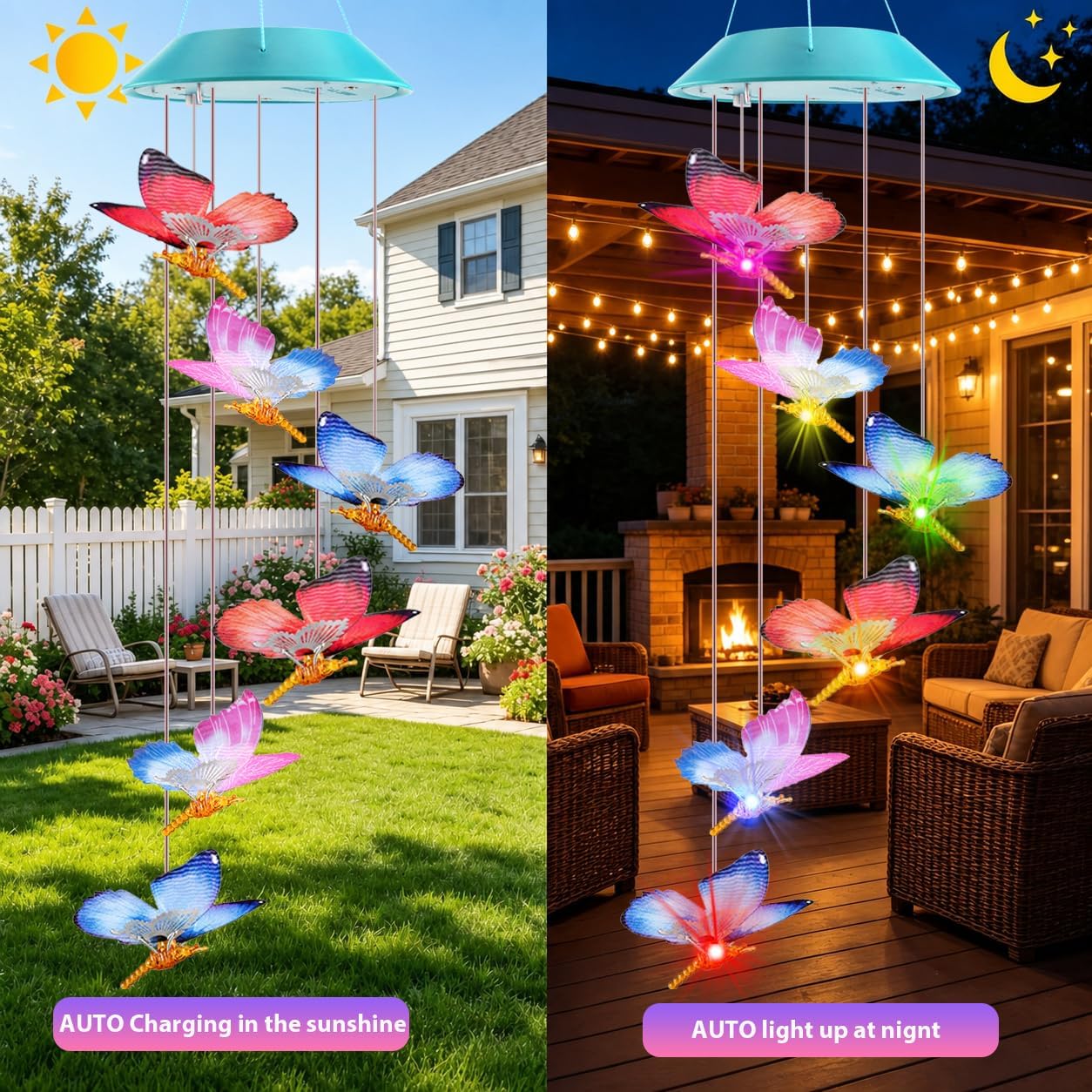 Solar Wind Chime for Ouside, Color Changing Dynamic Butterfly Wind Chimes