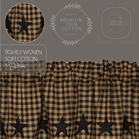 VHC Brands Star Cotton Primitive Kitchen Curtains Rod Pocket Appliqued 16x60 Valance, Raven Black