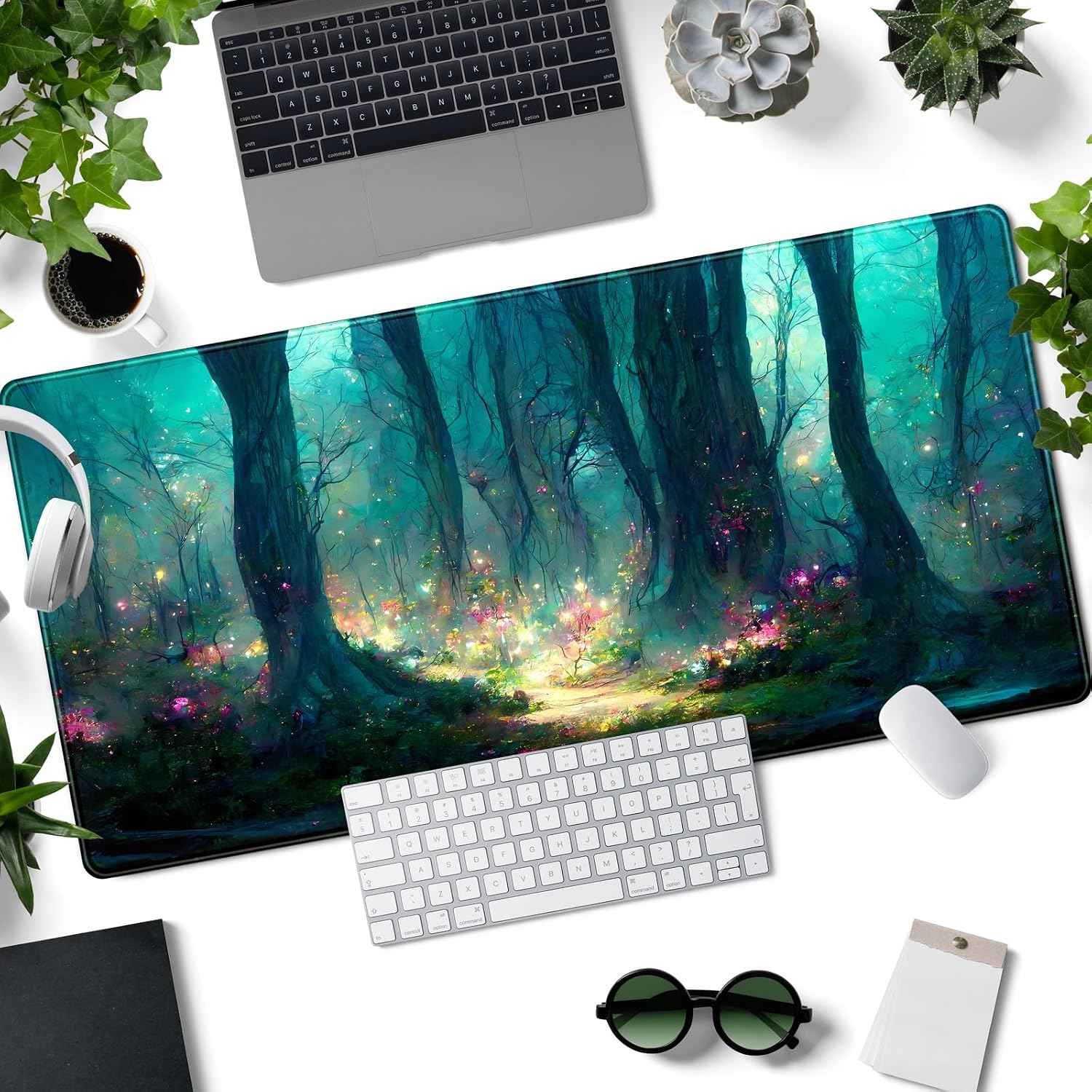 Forest Desk Mat Blue Green Mouse Pad Large Laptop Computer Keyboard Mouse Mat Gaming Mousepad XXL 31.5''X 15.7'' Deskpad Deskmat Cute Desk Pad
