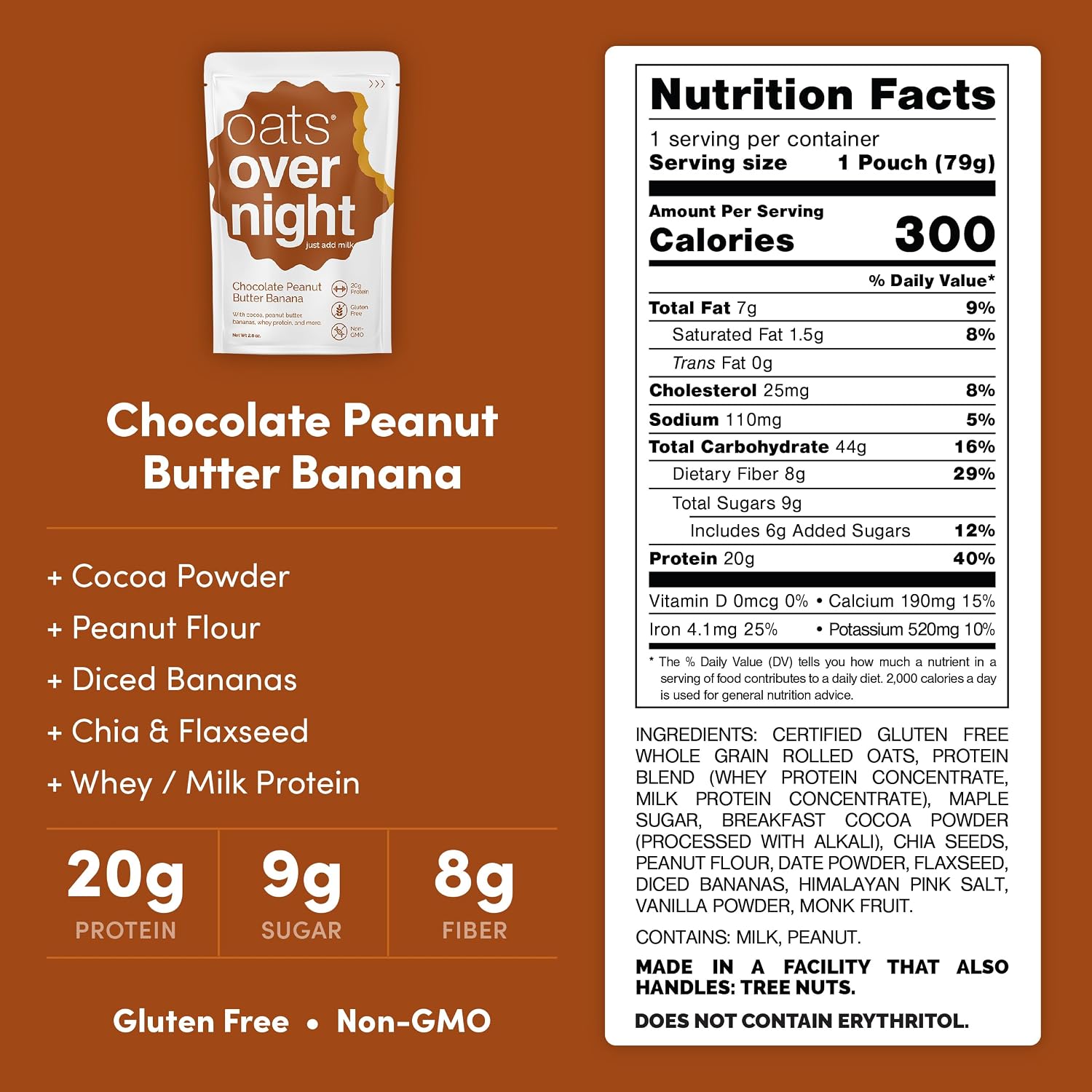 Oats Overnight Chocolate Peanut Butter Banana Oatmeal, 2.8 oz, 24 Pack