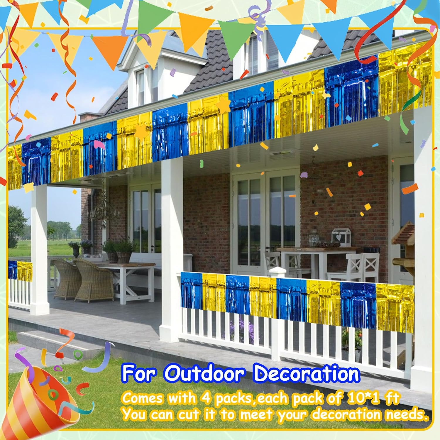 4 Pack 10 Feet Graduation Parade Floats Foil, Royal Blue Gold Fringe Garland Tinsel Streamers Banner Fringe Curtain Banner for Graduation Homecoming Birthday Party Decorations (Royal Blue, Gold)