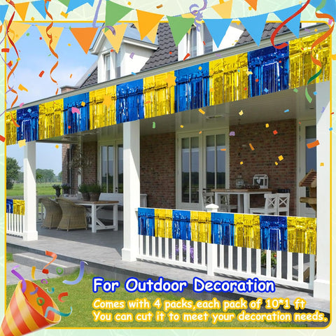 4 Pack 10 Feet Graduation Parade Floats Foil, Royal Blue Gold Fringe Garland Tinsel Streamers Banner Fringe Curtain Banner for Graduation Homecoming Birthday Party Decorations (Royal Blue, Gold)