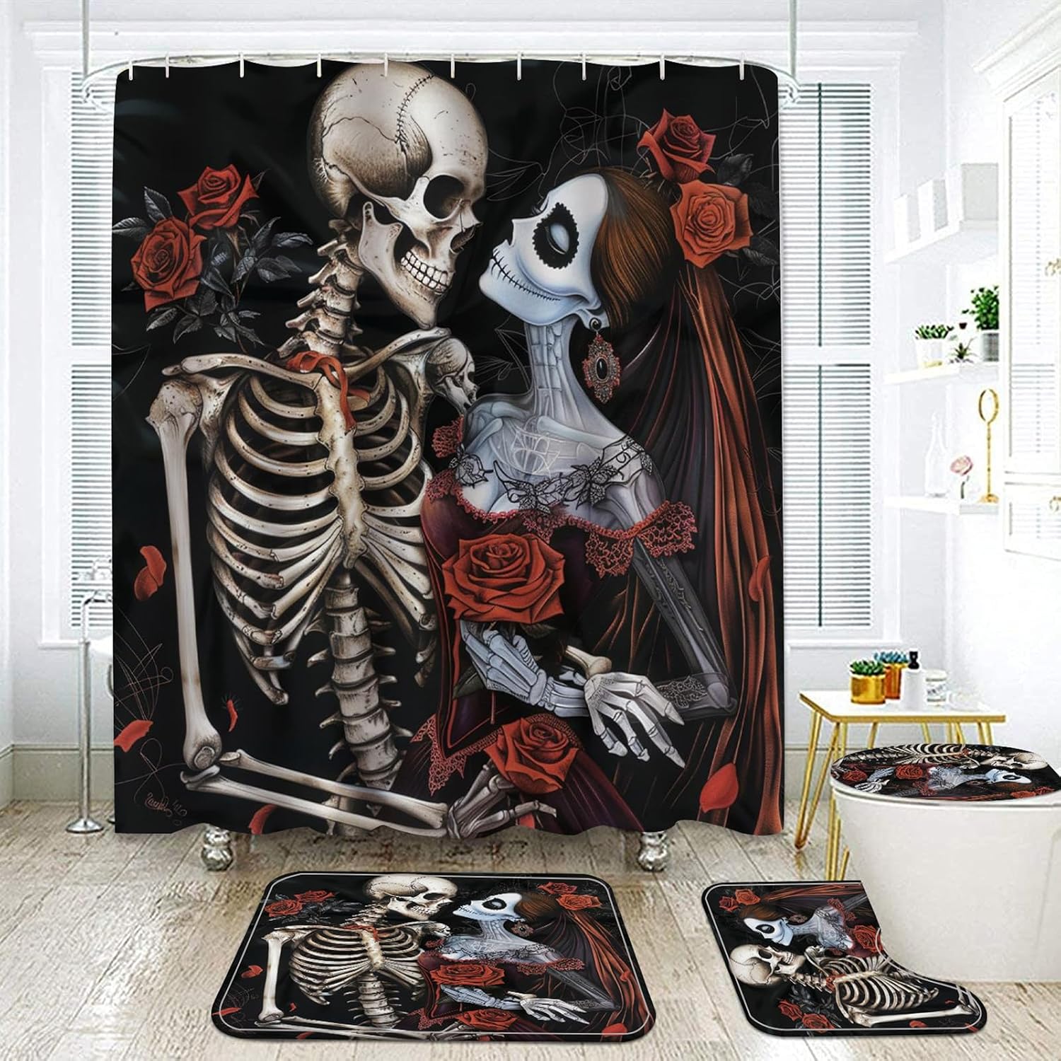 Halloween Shower Curtain and Rugs Bathroom Sets, 4 Pcs Red Rose Skull Couple with Sugar Kiss Flower Bath Decor,Black Waterproof Tub Curtains Mats/U-Shape Rug Toilet Cover Hooks (Y6)