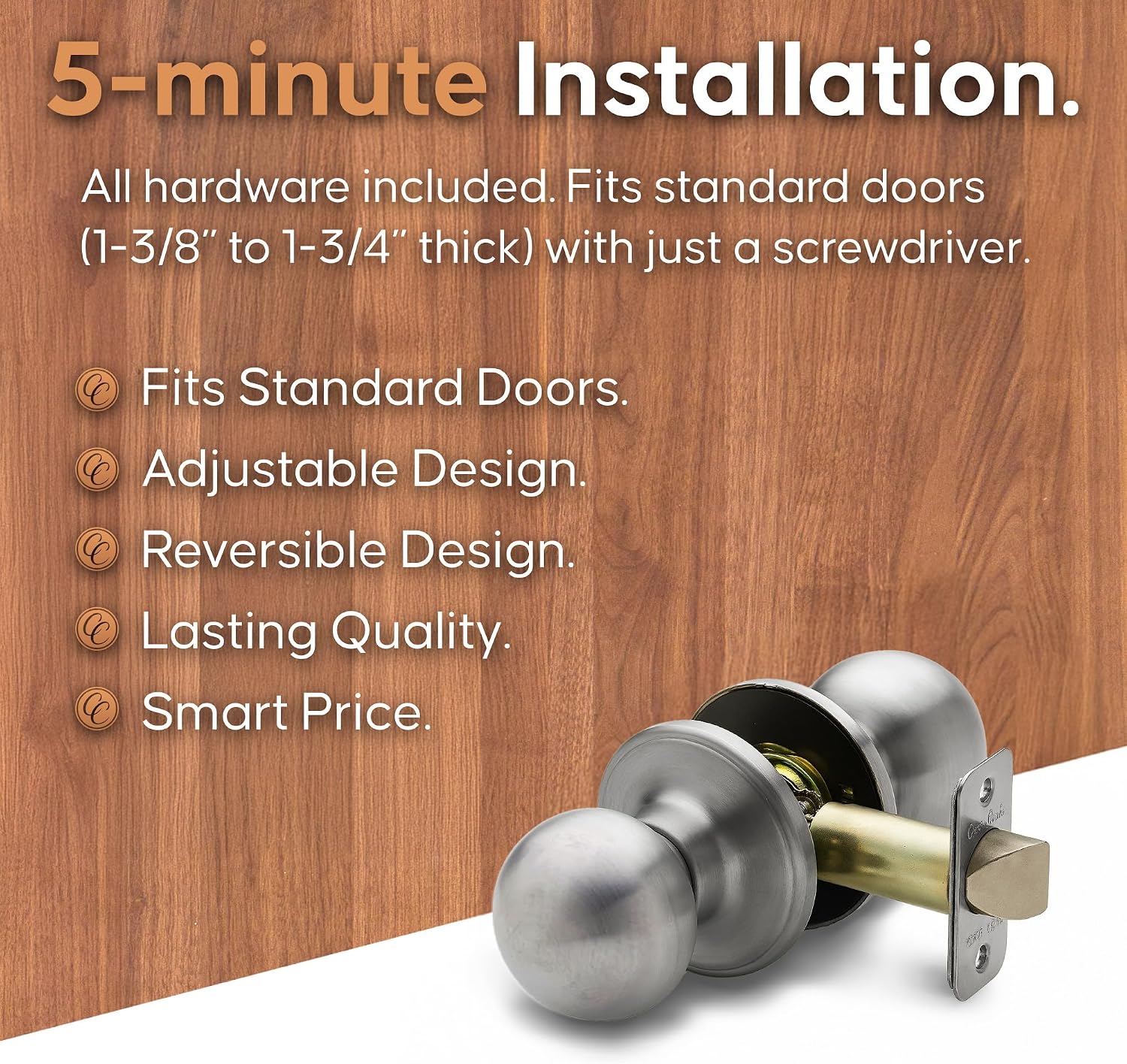 Copper Creek Passage Interior Door Knob – ANSI Grade-3 Certified, Modern Heavy Duty Handle, Easy Install and Reversible for Bedroom, Bathroom & Closets – Satin Stainless (1 Pack)