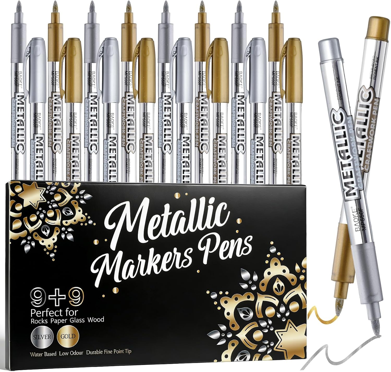 Prudiut 18 Pack Metallic Markers, Gold & Silver Paint Pens, Fine Tip