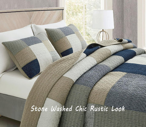Chezmoi Collection Addy 3-Piece Navy Blue White Gray Taupe Plaid Patchwork Quilt Set - Pre-Washed Cotton Coverlet - Lightweight Reversible Bedspread, King Size