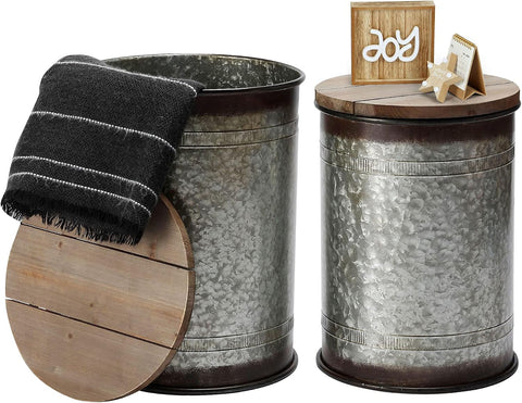 Rustic Storage Ottoman Seat Stool, Farmhouse Accent Side Table, Antique Galvanized Metal End Table Box Bin with Round Wooden Lid Set of 2 (Stand Galvanized)