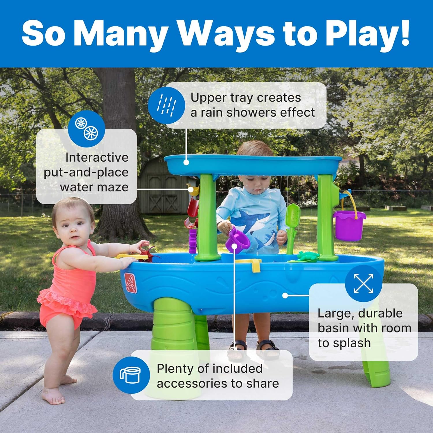 Step2 Rain Showers Splash Pond Toddler Water Table, Outdoor Kids Water Sensory Table, Ages 18+ Months, 13 Piece Water Toy Accessories, Blue & Green