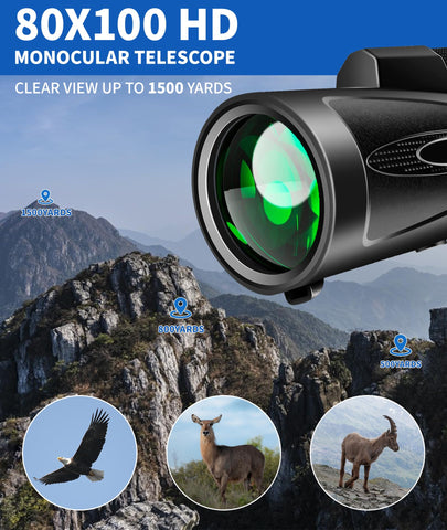 Monocular Telescope 80x100 High Power with Smartphone Adapter Tripod,Larger Vision Monoculars for Adults with BAK4 Prism & FMC Lens, Suitable for Bird Watching Hunting Hiking Camping Wildlife-Black