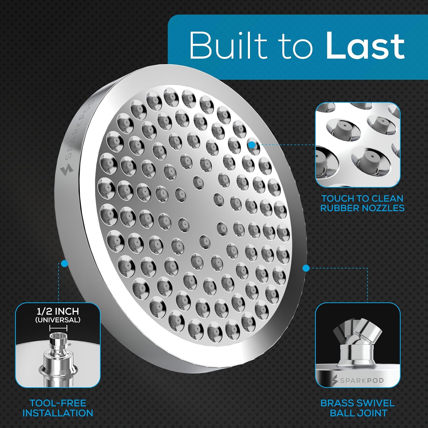 SparkPod Rain Shower Head, 6 Inch Round, Luxury Polished Chrome Finish
