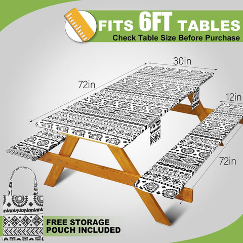 Fitted Picnic Table Cover with Bench Covers Vinyl Waterproof Elastic Edges Fitted Rectangle Tables Patio Tablecloth Camping Gear and Essentials Rv Accessories Road Trip Supplies Car Travel Must Haves