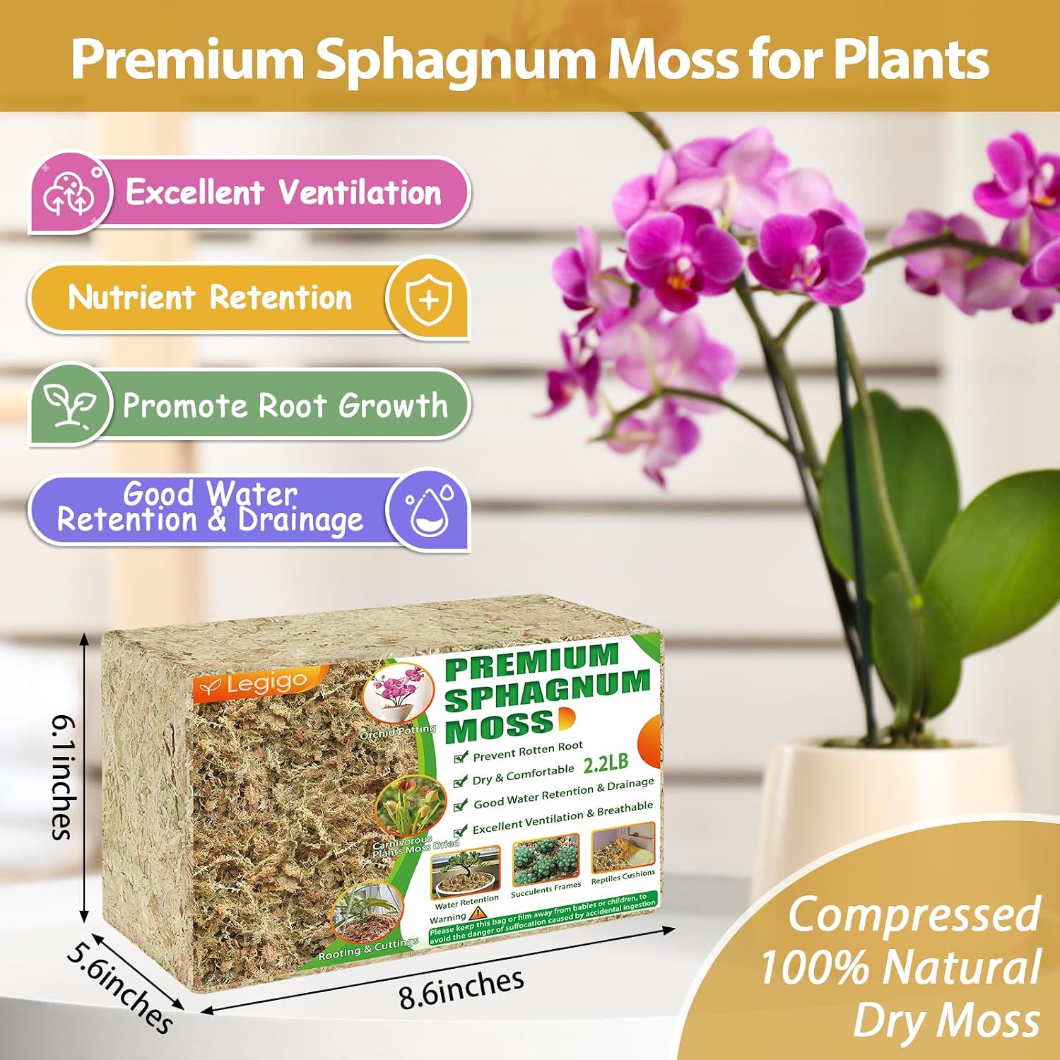 Legigo 2.2LB Sphagnum Moss for Plants- 40QT Natural Long Fibers Orchid Moss