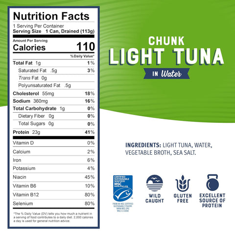 Bumble Bee Chunk Light Tuna in Water, 5 oz (Pack of 48) | Wild Caught Tuna, 23g Protein per Can, MSC Certified Sustainable Seafood, Non-GMO, Gluten Free, Kosher