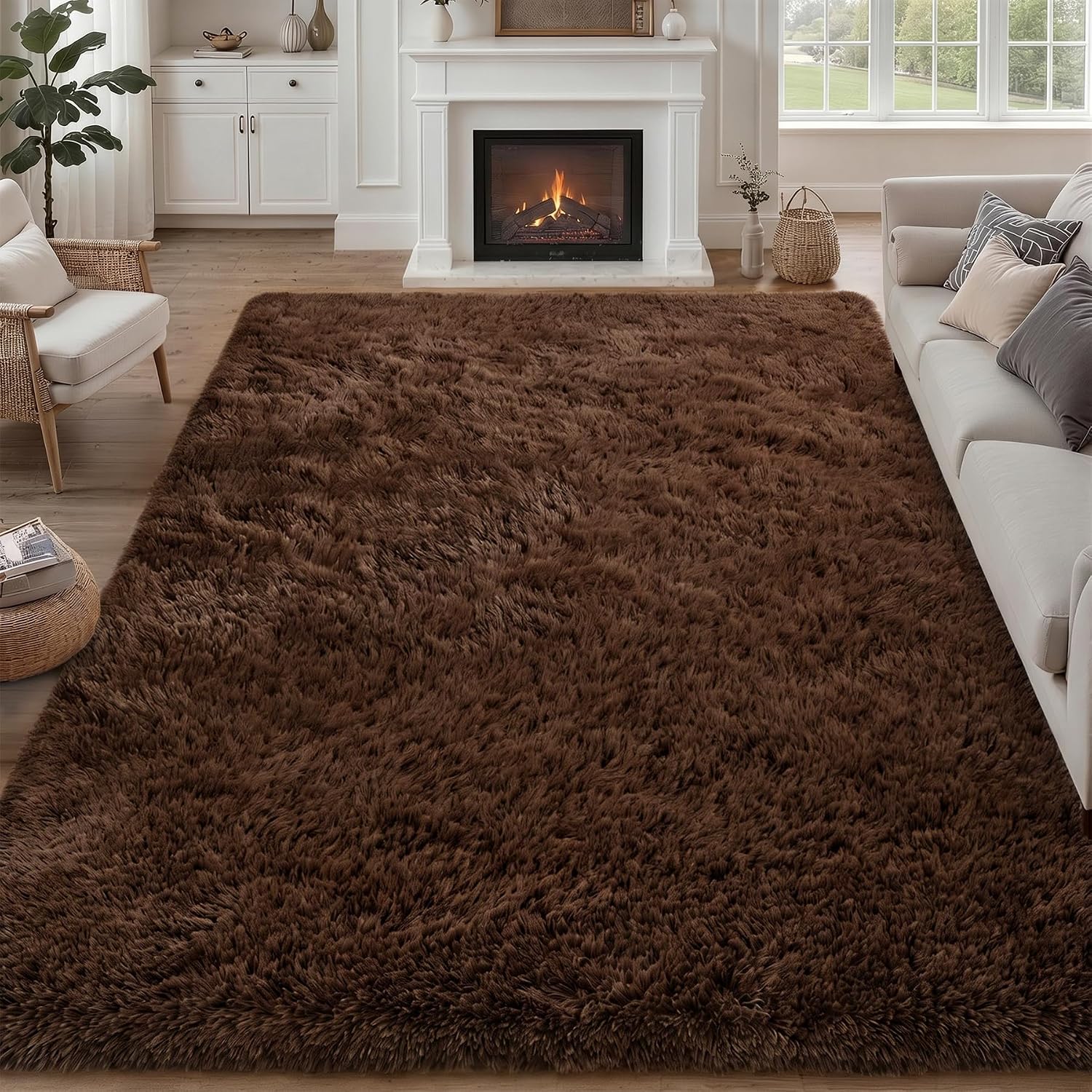 9x12 Area Rug Living Room Bedroom: Fluffy Plush Shag Carpet Brown