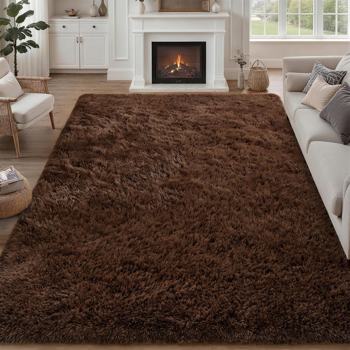 9x12 Area Rug Living Room Bedroom: Fluffy Plush Shag Carpet Brown