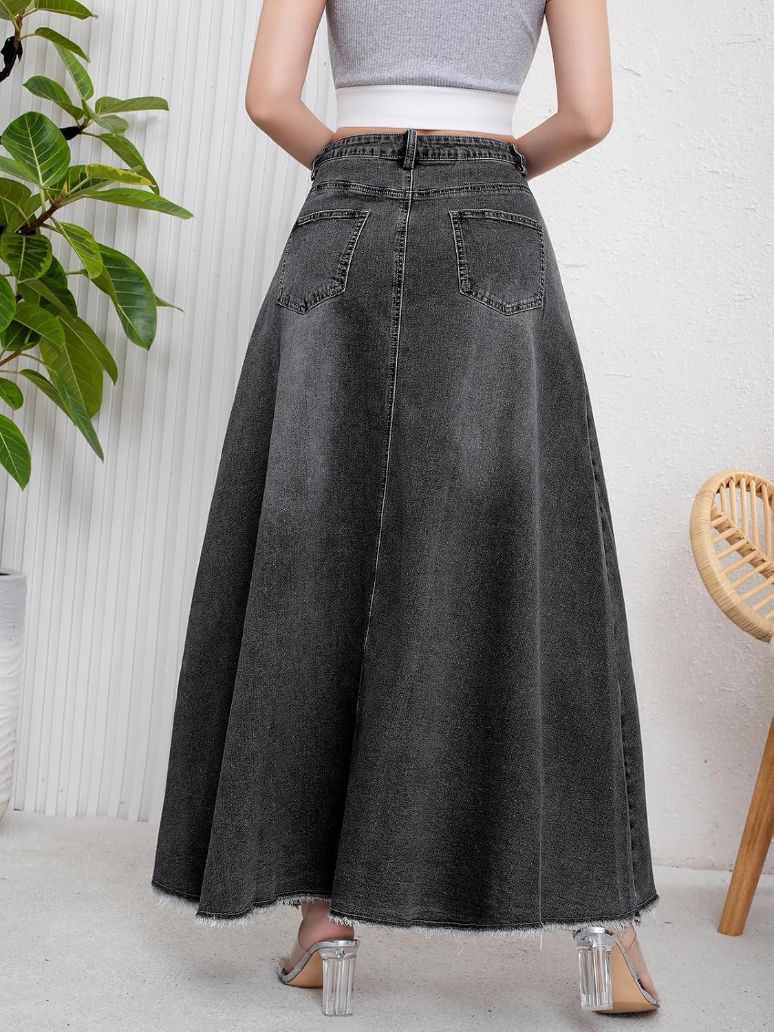 ebossy Women's Retro Distressed High Waist Frayed Hem A Line Wash Maxi Long Denim Skirt with Pockets