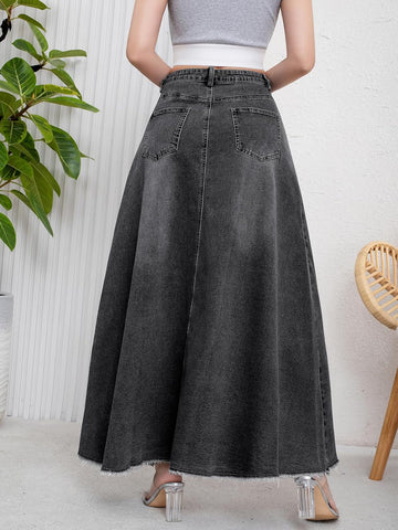 ebossy Women's Retro Distressed High Waist Frayed Hem A Line Wash Maxi Long Denim Skirt with Pockets