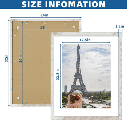 Hongkee 24x30 Frame Set of 2, Distressed White Wood Style - Display 18x24 Picture Frame with Mat or 24 x 30 Poster without Mat, Wall Mounting Horizontal and Vertical