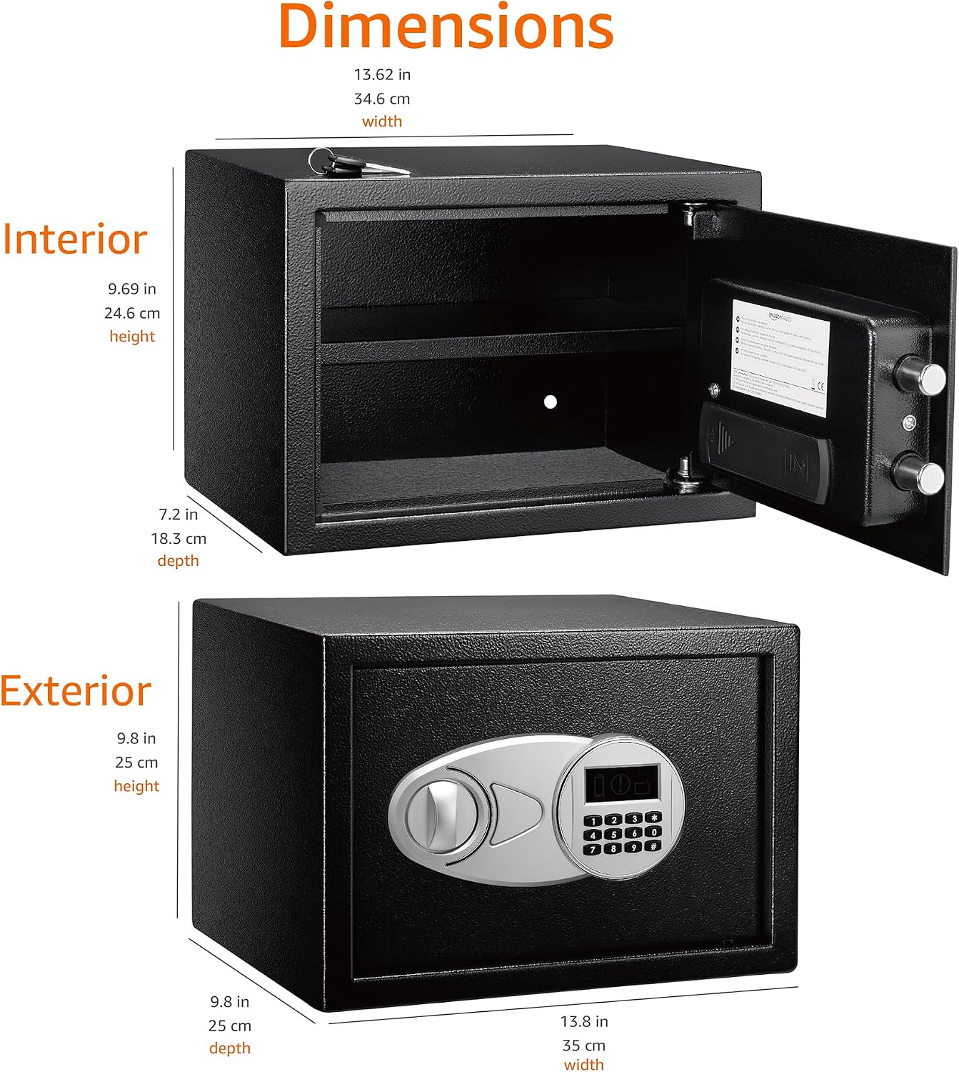 Amazon Basics Steel Security Safe and Lock Box with Electronic Keypad, Secure Documents Storage, Black, 0.5 Cubic Feet, 13.8"W x 9.8"D x 9.8"H, Removable Shelf