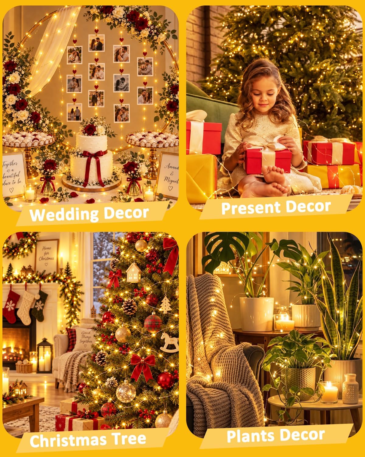 4 Pack 100 LED Fairy Lights Battery Operated with Remote, 33 FT Warm White