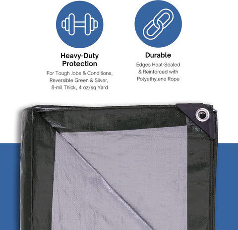 Kotap 12 x 22 Ft. Heavy-Duty Protection/Coverage Tarp, 8-mil, Reversible, Multi-Use, Waterproof, Green-Silver, (TGS-1222)