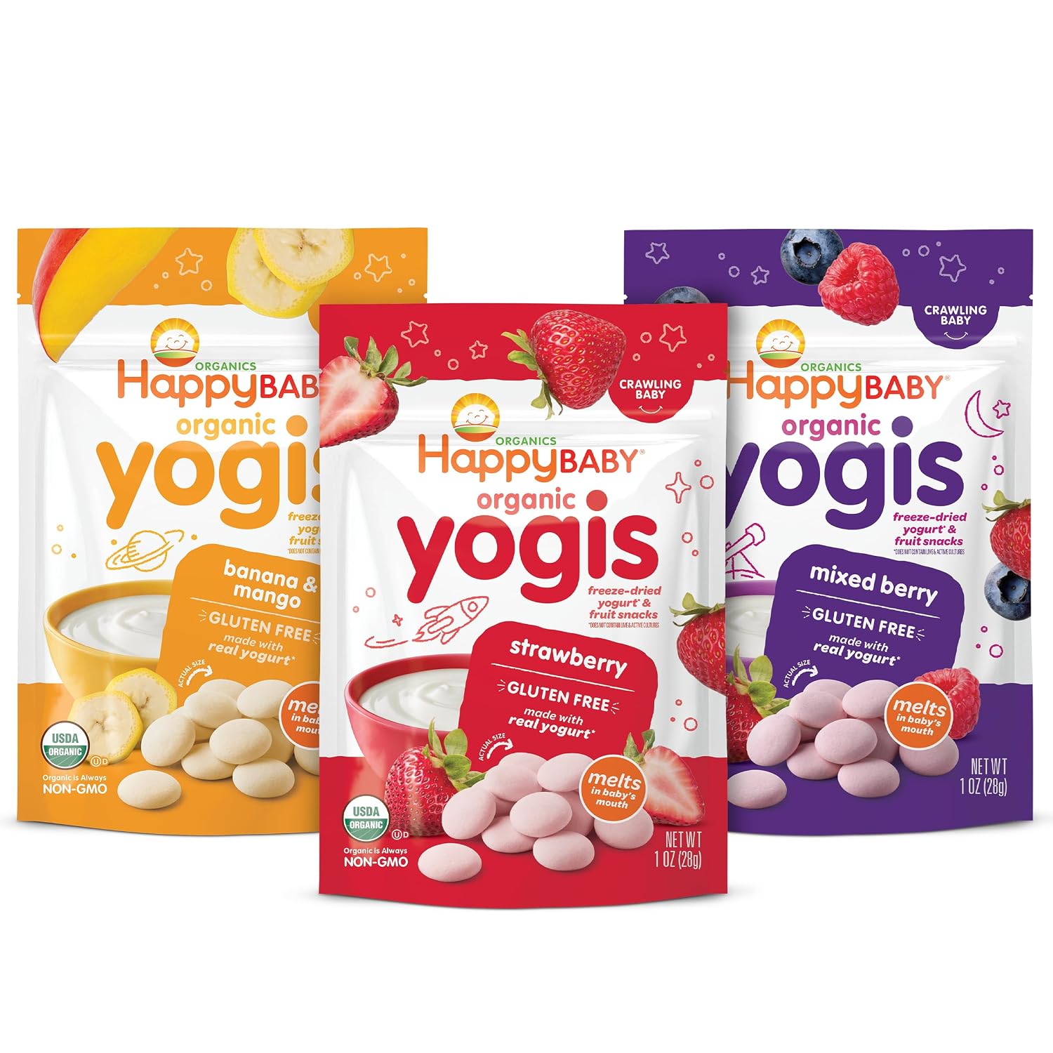 Organic Baby Food Happy Yogis Yogurt Snacks-Banana Mango, Mixed Berry, and Strawberry- 1 oz Packs, 3-Count
