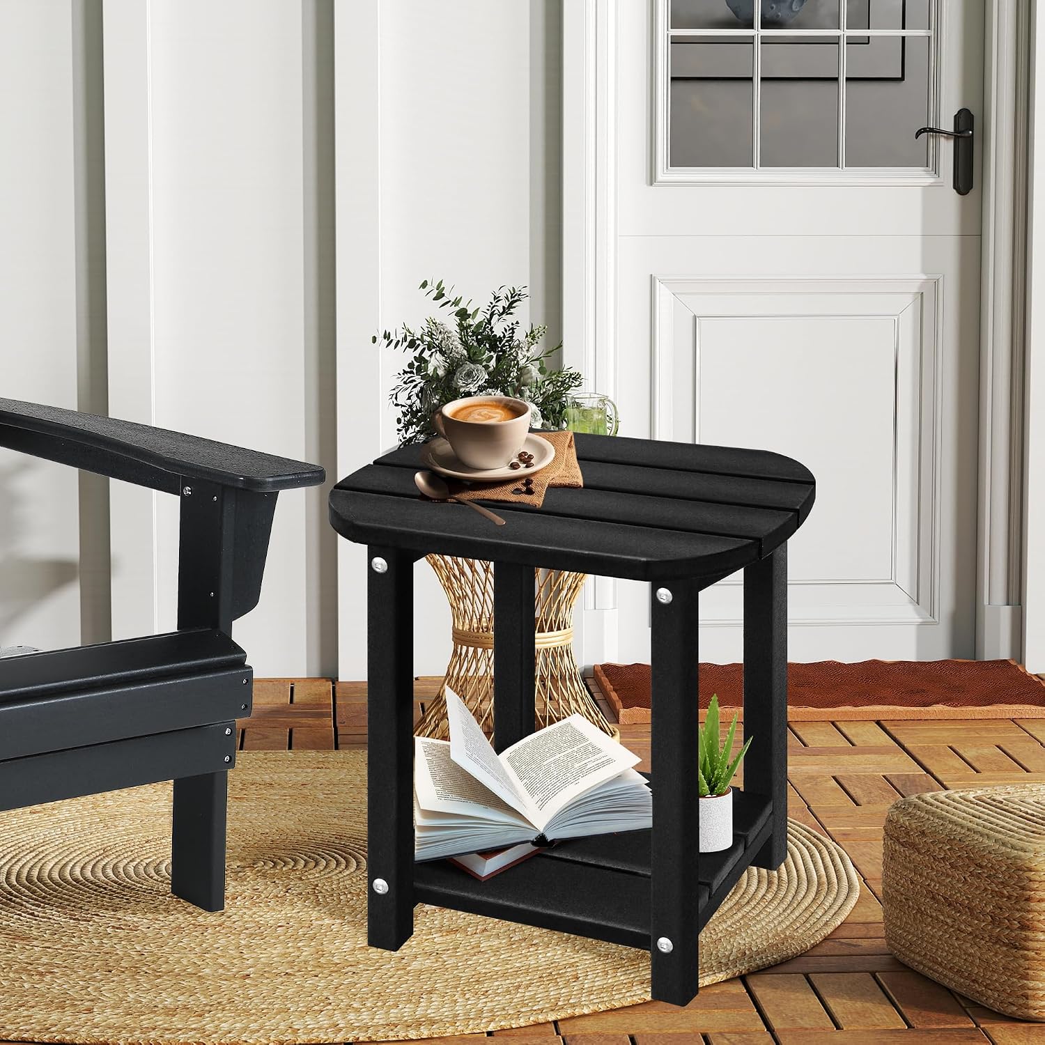 LZRS 2-Tier Patio Side Table, Heavy Duty HDPE Outdoor End Table with Wood Texture, Weatherproof Composite Table for Adirondack Chairs, Deck, Pool, Indoor/Outdoor, No Peeling Cracking(Black)