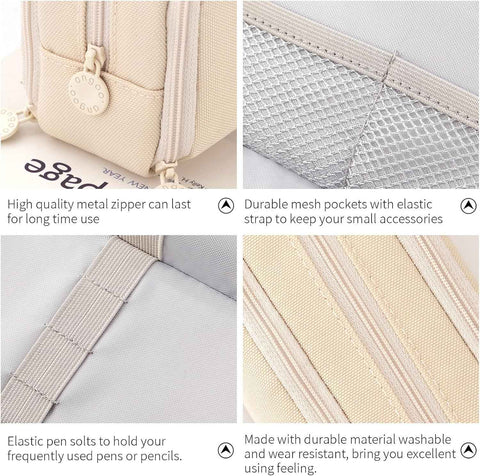 CICIMELON Large Capacity Pencil Case 3 Compartment Pouch Pen Bag for School Teen Girl Boy Men Women (Beige)