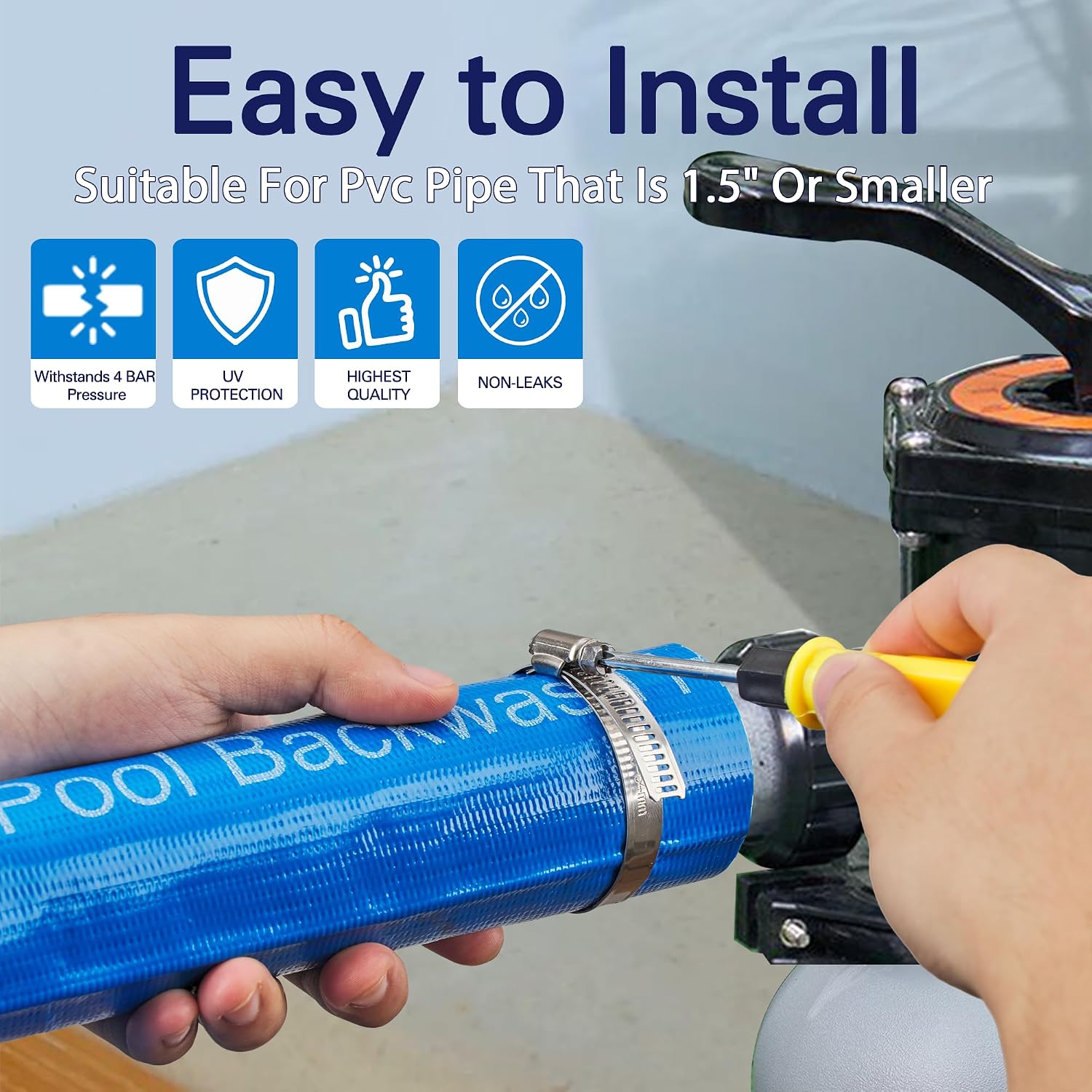 1.5"x50FT Pool Backwash Hose, Lay Flat, Drain & Sump, 2 Clamps