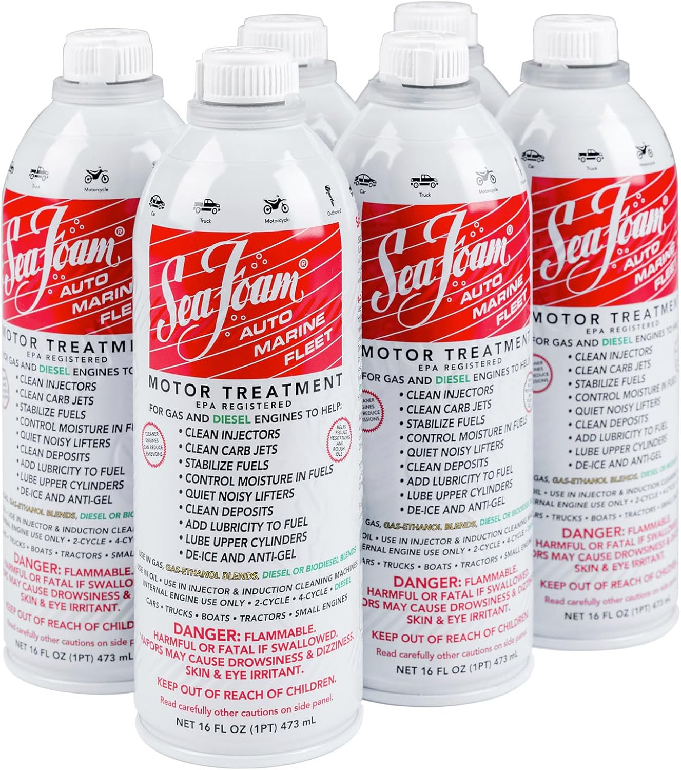Sea Foam Motor Treatment | Fuel System Cleaner, Fuel Stabilizer & Oil Treatment | Gas & Diesel Additive for Cars & Trucks | 16 oz, Pack of 6