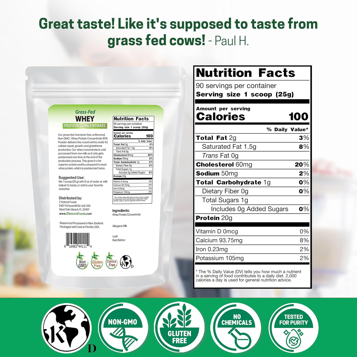 Z Natural Foods Grass-Fed Whey Protein Concentrate - Cold Processed, 5 lb